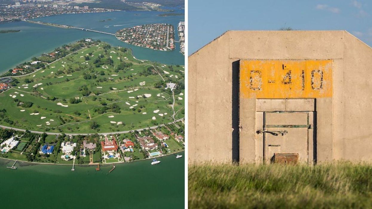 A bird's-eye view of Indian Creek Island. Right: The exterior of a bunker made by Terra Vivos.