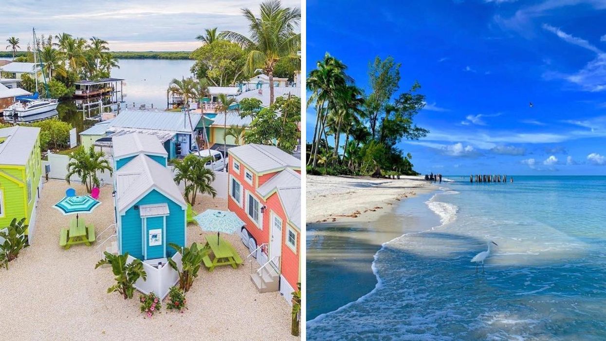 A bird's eye view of the colorful tiny home village. Right: The beach on Matlacha Village.