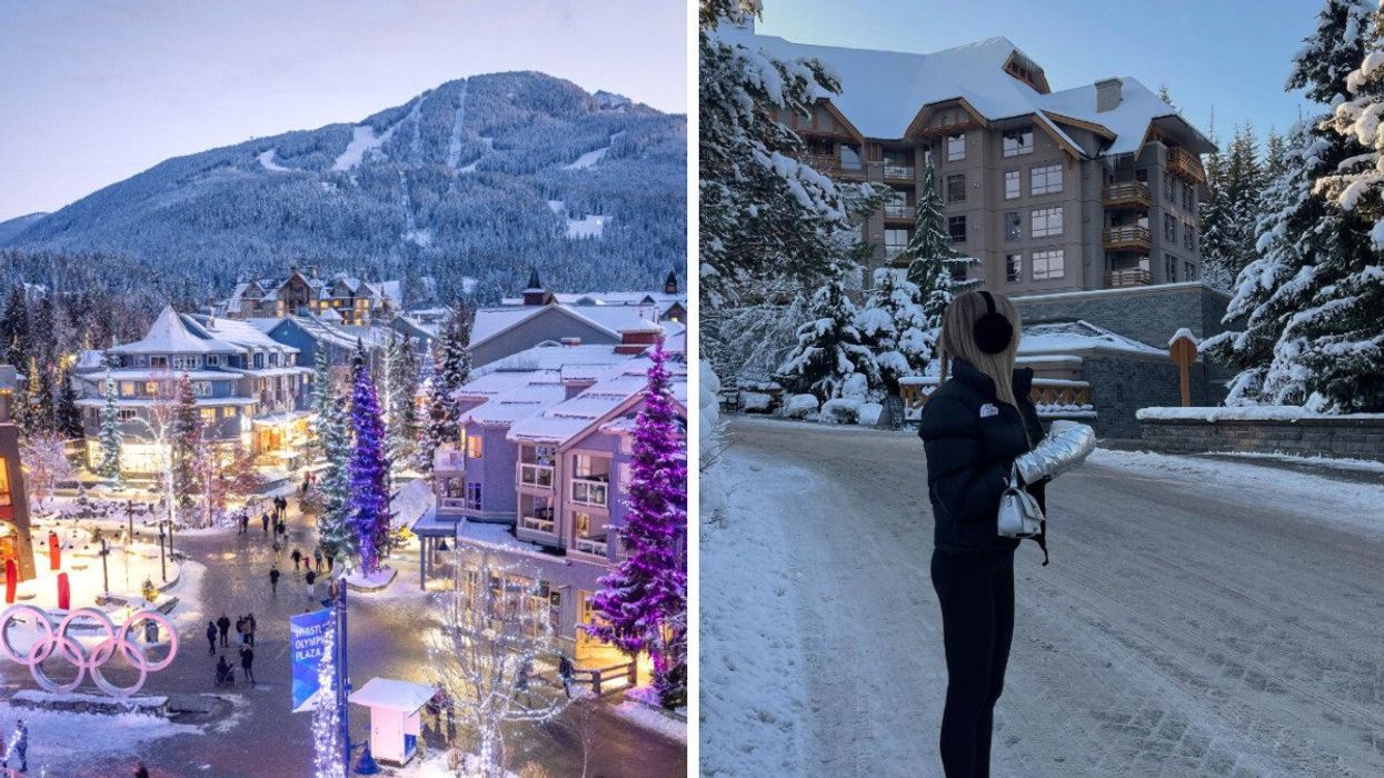 A birds-eye view of a sky village. Right: Person on a road in the winter.
