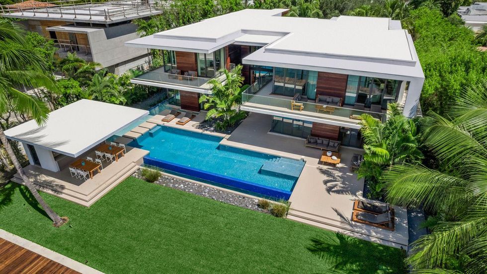 A birdseye view of the home's backyard space.