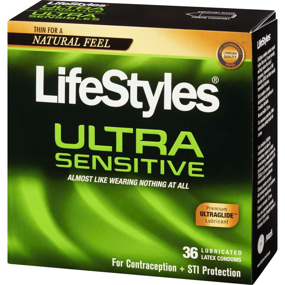 A black and green box of 36 LifeStyles Ultra Sensitive Lubricated Latex Condoms.
