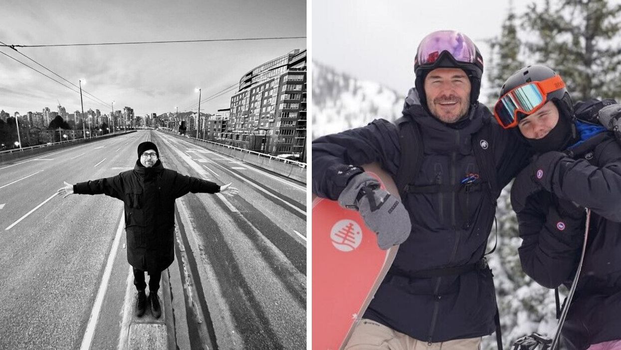 A black and white photo of a man with his arms out standing in the middle of a bridge. Right: Two people in winter gear leaning against snowboards.