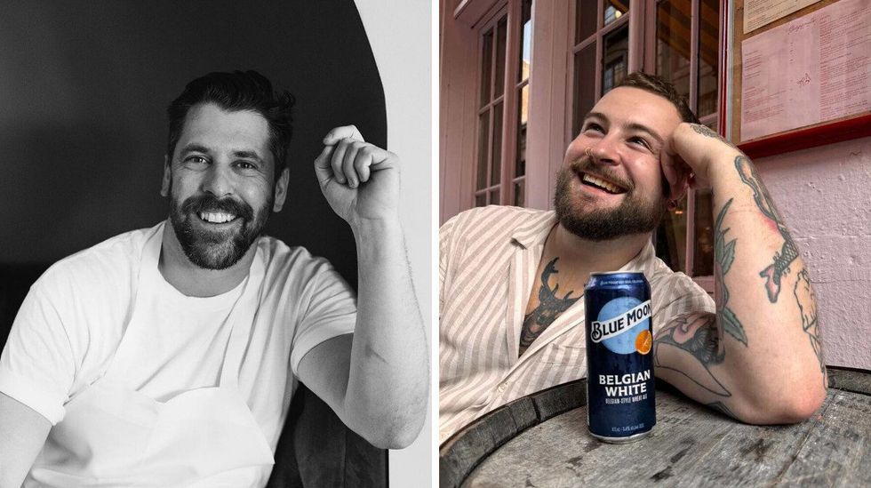 A black and white photo of Jean Michel Lablond smiling at the camera in a white t-shirt and apron. Right: Lo\u00efc Fortin smiles while resting his head on his hand and his elbow on a barrel with a can of Blue Moon Belgian White next to him.