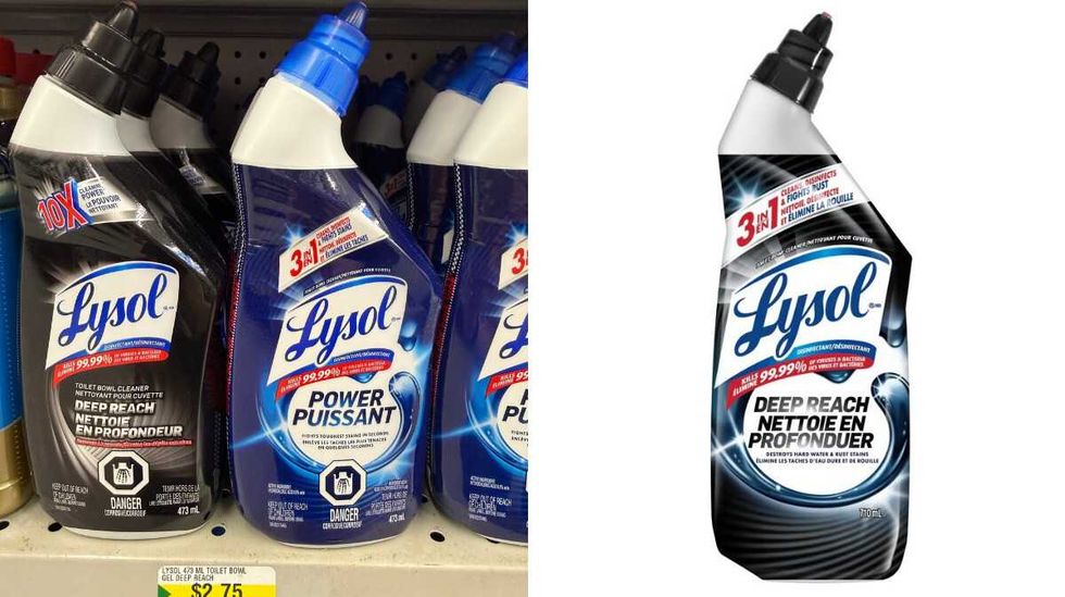 A black bottle next to a couple of blue bottles that say Lysol on them. Right: A black and white bottle that says Lysol Deep Reach on it.