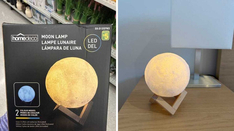 A black box with a photo of a LED moon lamp on it. Right: The moon lamp sitting on a bedside table.