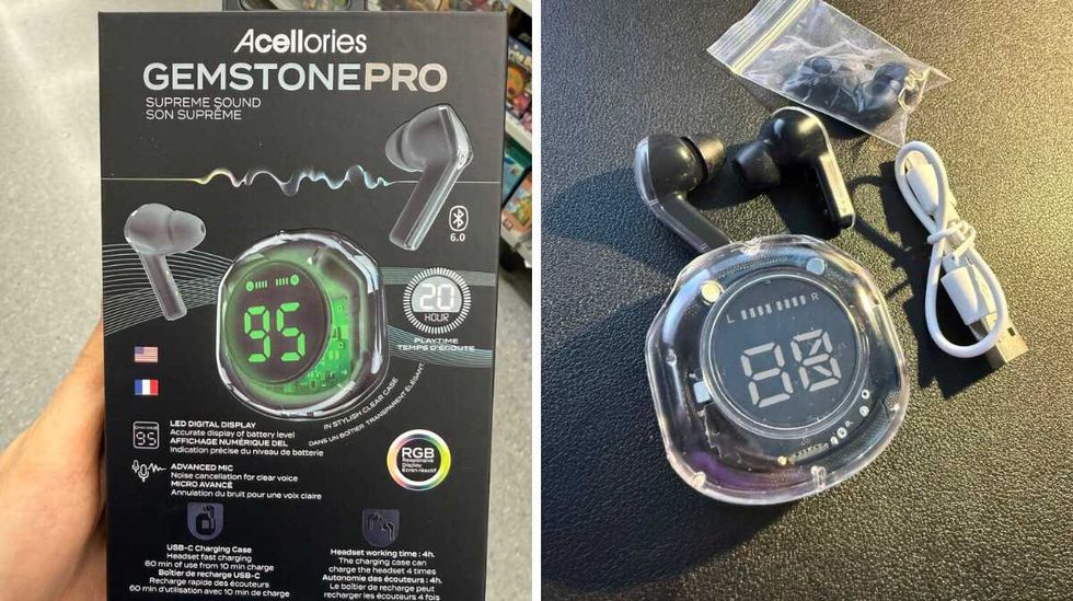 A black box with a photo of earbuds and a charging case that shows the battery life on the front.