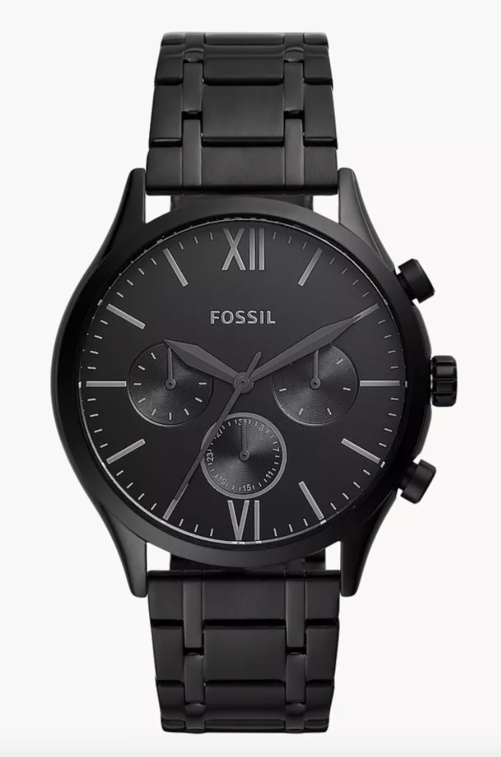 A black Fossil watch.