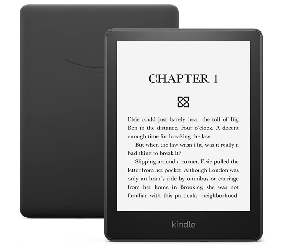 A black kindle with text on the screen.