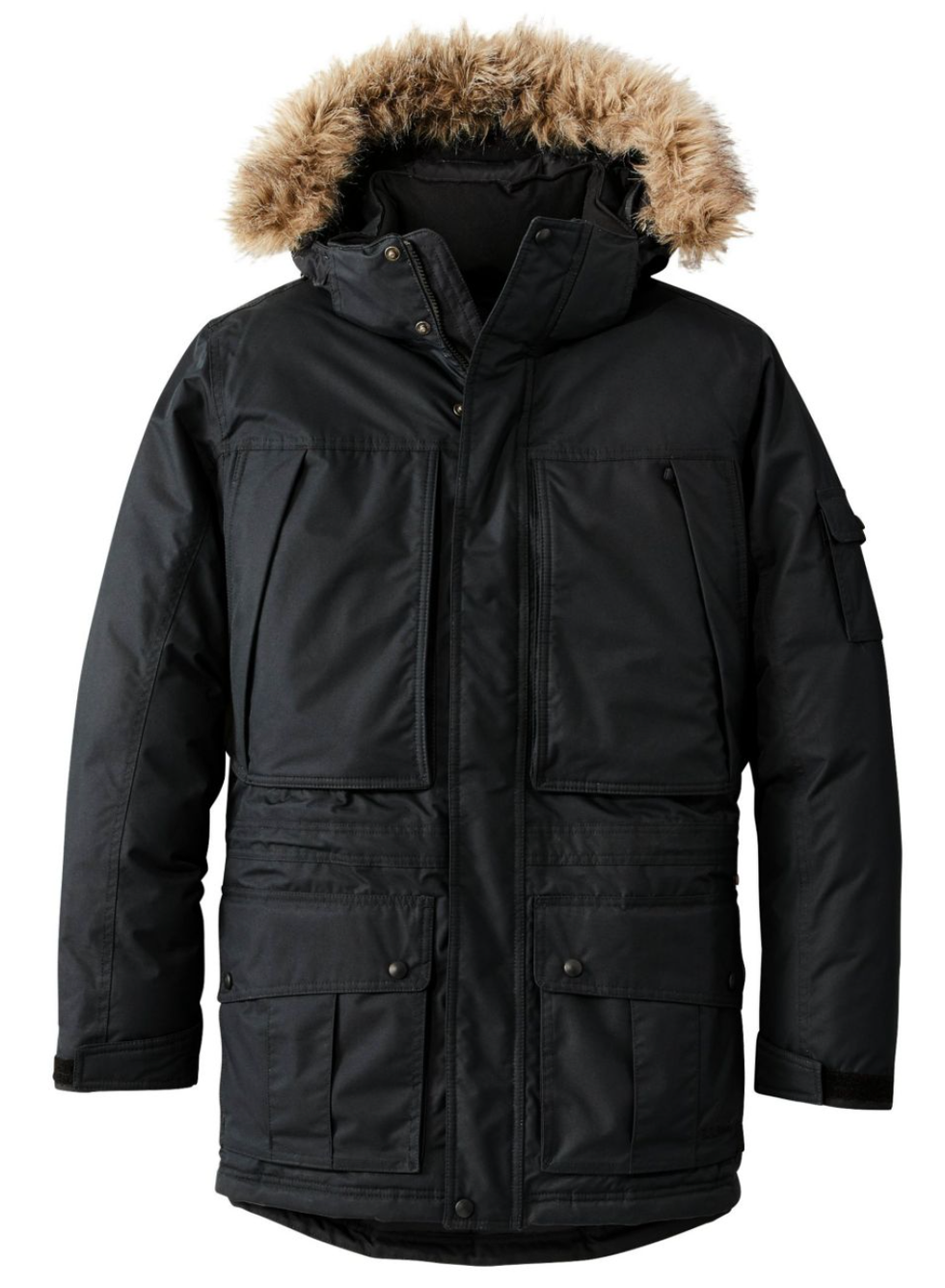 A black men's winter jacket with fur-lined hood.