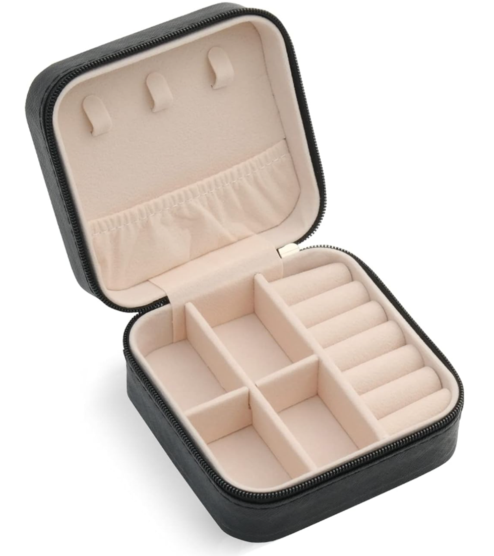 A black mini jewelry travel case.