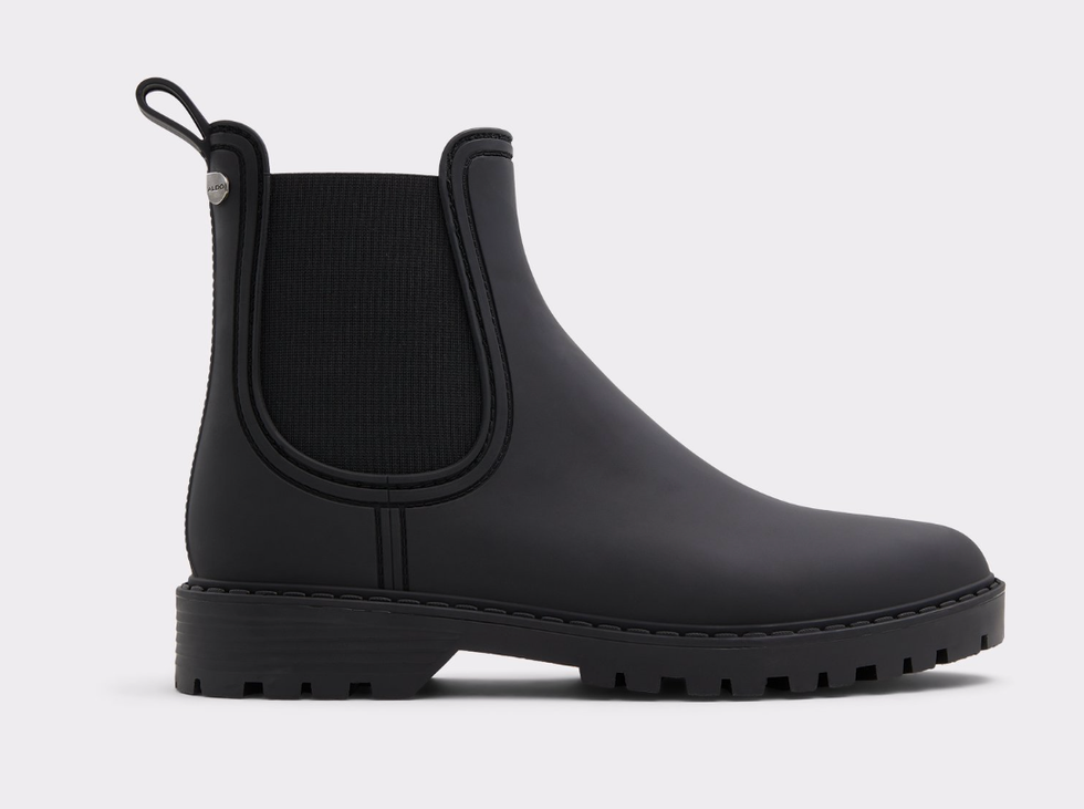A black rain boot.