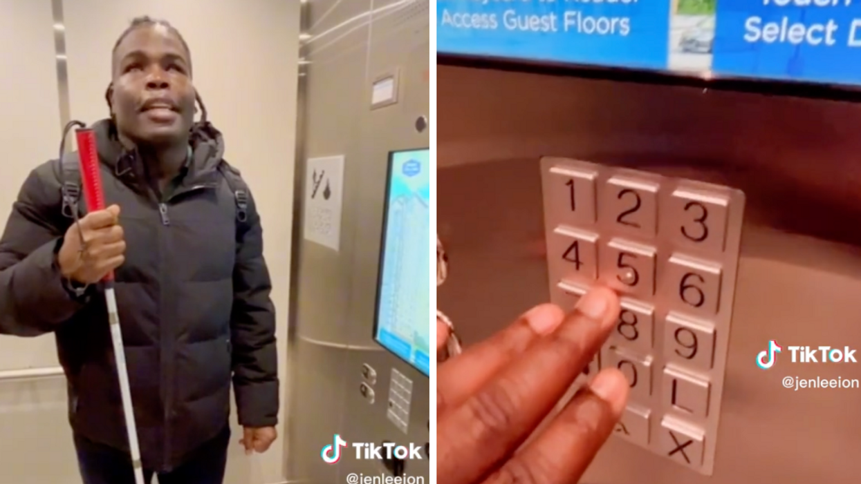 A blind man in an elevator. Right: A key pad on the elevator.