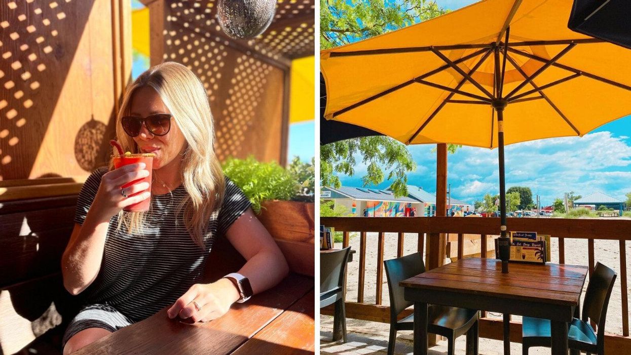 A blonde girl holding a Caesar on a patio during the summer. Right: An outdoor patio on a beach in Ontario with a yellow umbrella and wooden table.