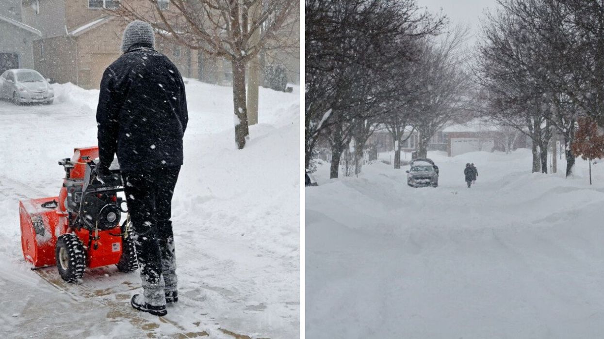 A blower during a snow storm. Right: A wintry Toronto.