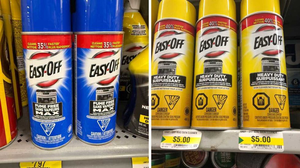 A blue and black canister that says EASY-OFF Heavy Duty Oven Cleaner. Right: Yellow canisters that say EASY-OFF Heavy Duty Oven Cleaner.