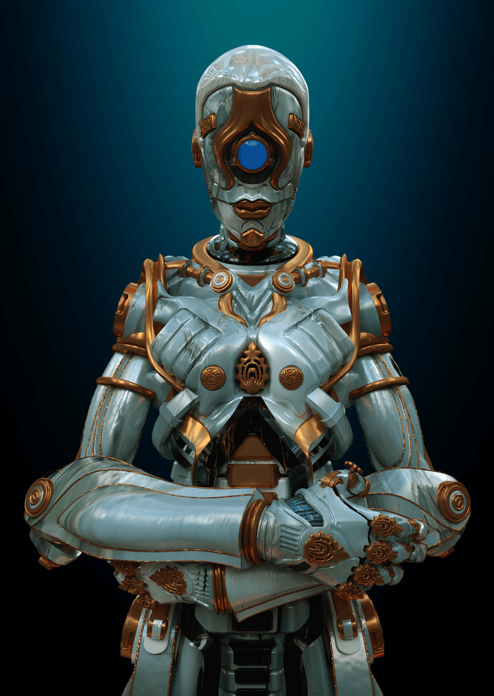 A blue and gold mechanical humanoid sculpture.