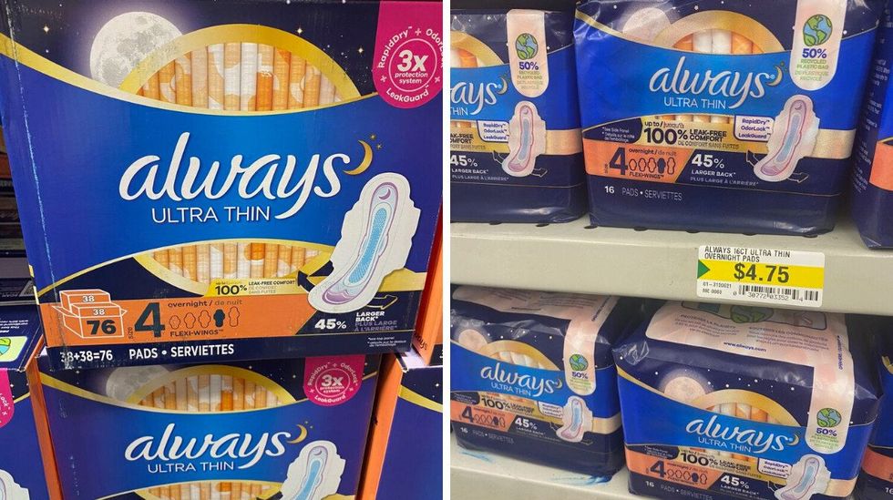 A blue and orange box of pads that says always ultra thin on the front. Right: Bags of always ultra thin pads on a store shelf.
