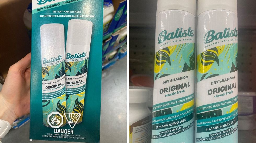 A blue and white box with two bottles of Batiste dry shampoo inside. Right: Two bottles of Batiste dry shampoo on a store shelf.