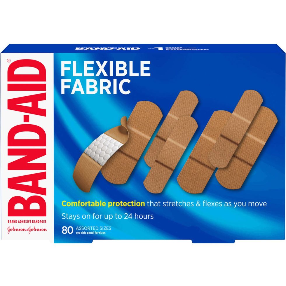 A blue box of Band-Aid Flexible Fabric Adhesive Bandages, assorted sizes, 80 count.