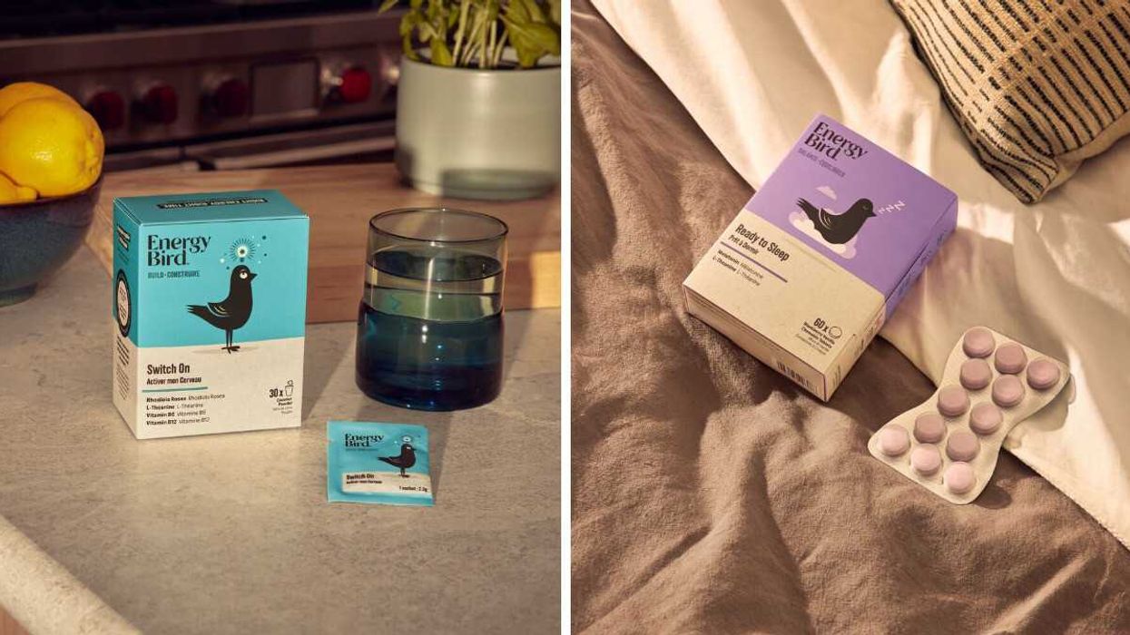 A blue box of Energy Bird Switch On powder next to a glass on a kitchen counter. Right: A purple box and blister pack of Ready to Sleep on a bed by Energy Bird.