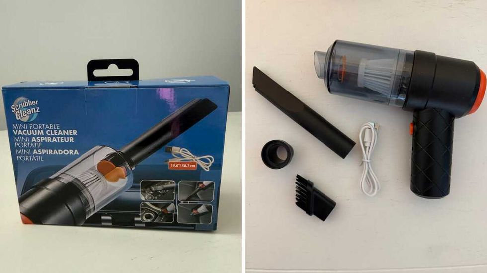 A blue box with a photo of a portable vacuum cleaner with USB cable. Right: The disassembled portable vacuum.