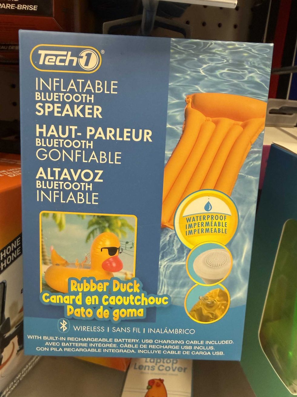 A blue box with an inflatable duck and a label on the front that reads inflatable Bluetooth speaker.
