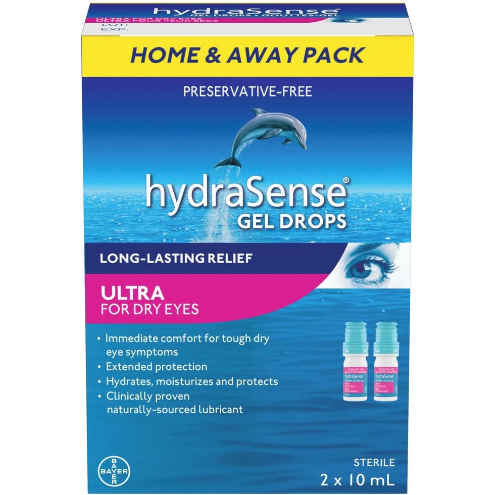 A blue, pink and yellow box of hydraSense Ultra Eye Drops For Dry Eyes, 2 x 10 mL.