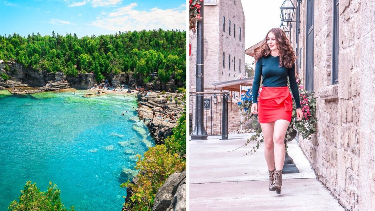 A blue-water cove. Right: A person walking along a historic street.