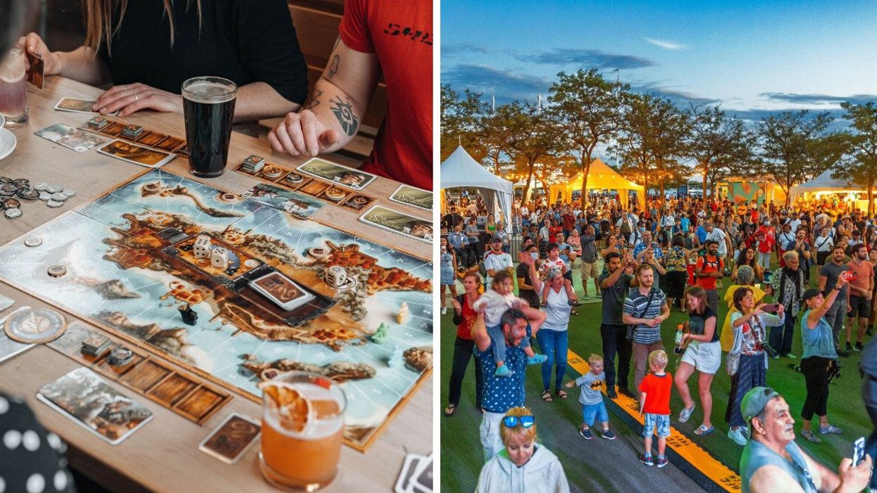 A board game on a table with drinks. Right: People gathering outside at an event.