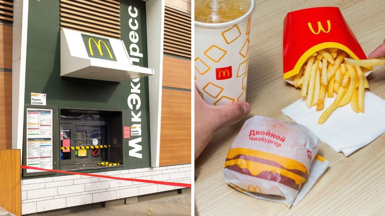 A boarded up McDonald's in Russia. Right: A McDonald's burger, fries and drink in Russia.
