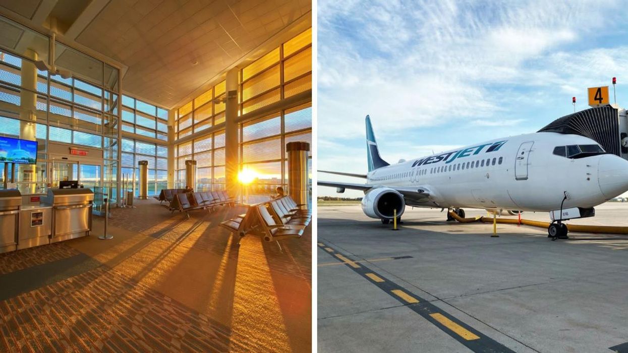 A boarding gate at an airport. Right: A WestJet plane boards passengers.