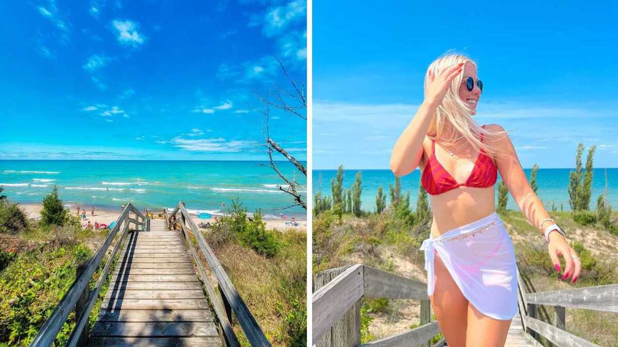 A boardwalk leading to a beach. Right: A person standing on a beach.