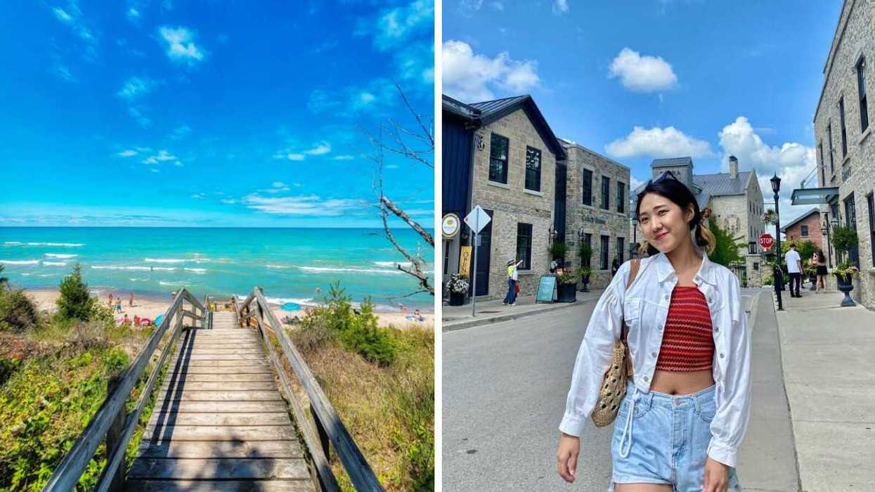 A boardwalk leading to a beach. Right: A person walking down a street.