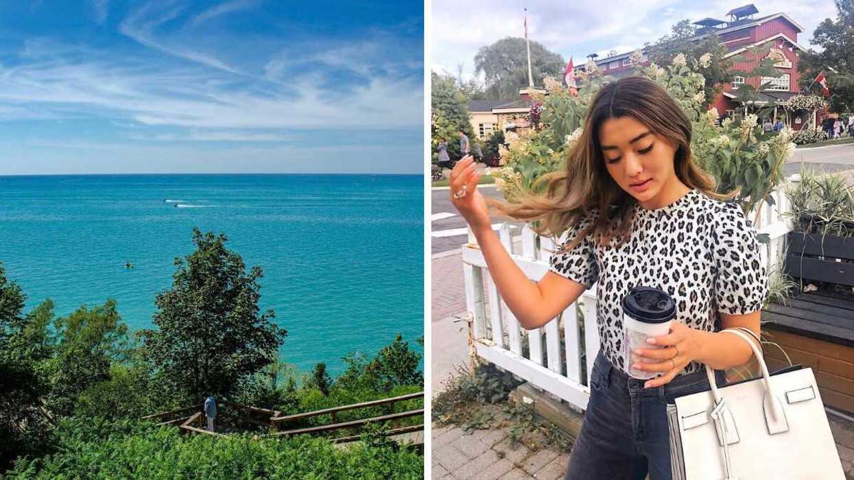 A boardwalk leading to blue water. Right: A person standing with a coffee cup.