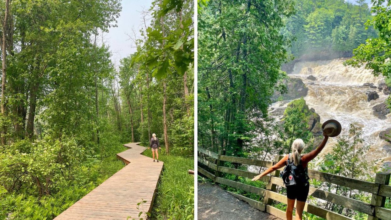 A boardwalk through a forest. Right: A waterfall with a person beside it.
