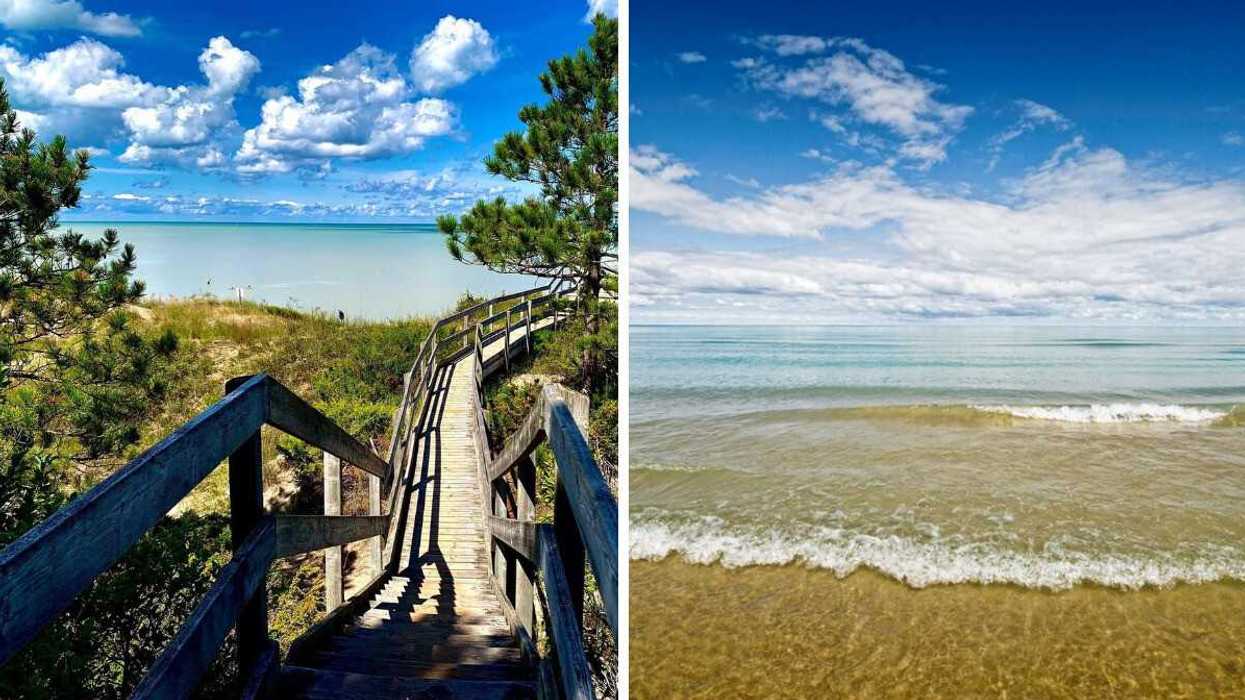 A boardwalk trail leading to water. Right: A sandy beach.