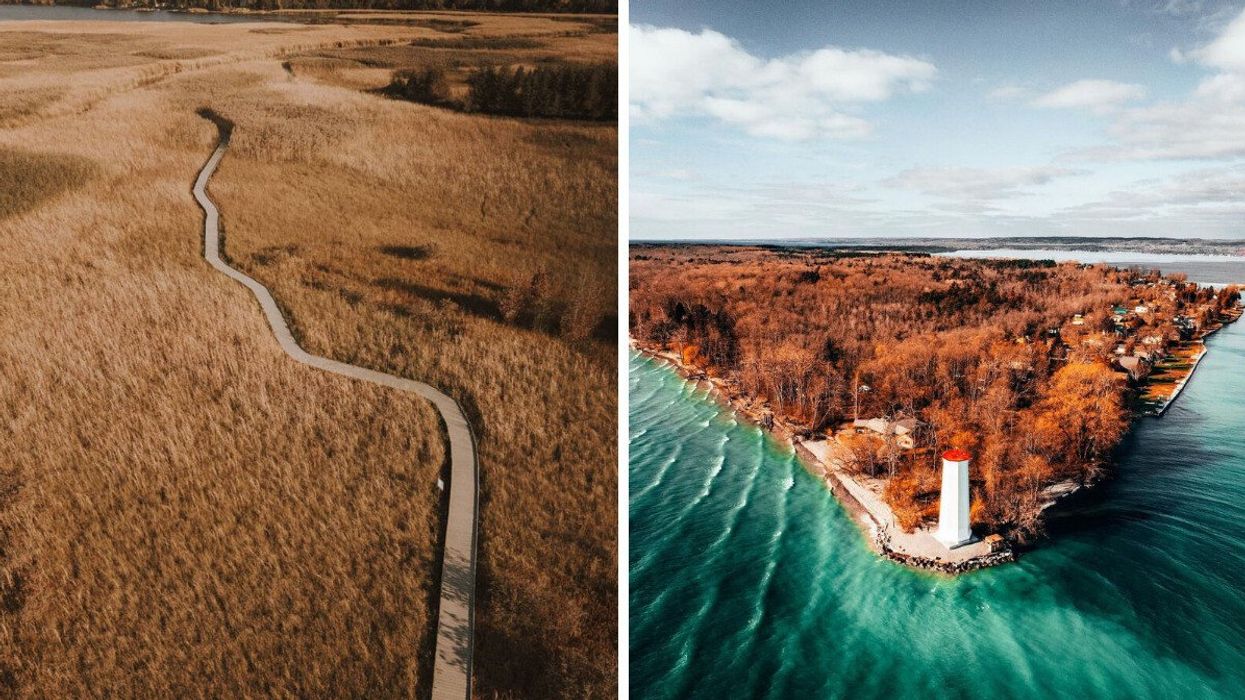 A boardwalk trail through a marsh. Right: A lighthouse during the fall.