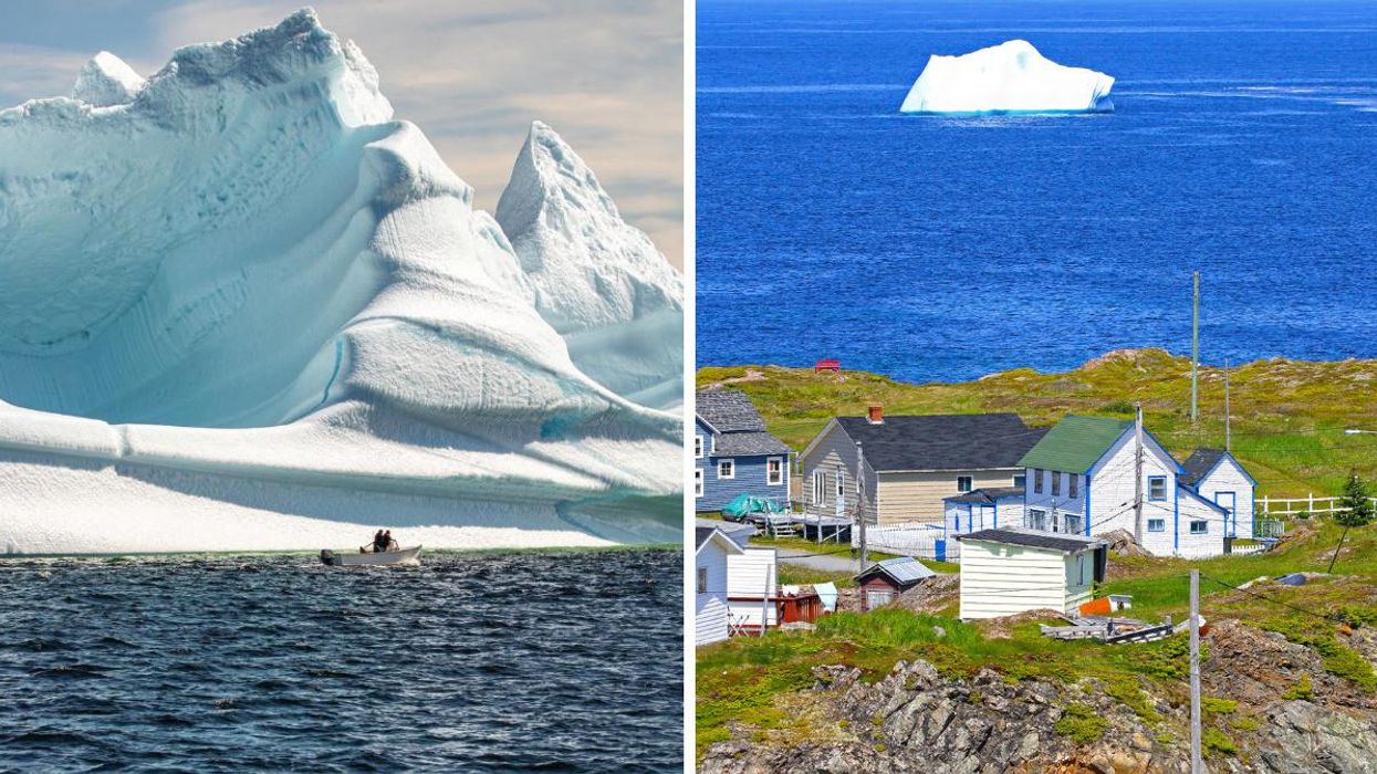 A boat close to an iceberg. Right: A small town with an iceberg in the distance.
