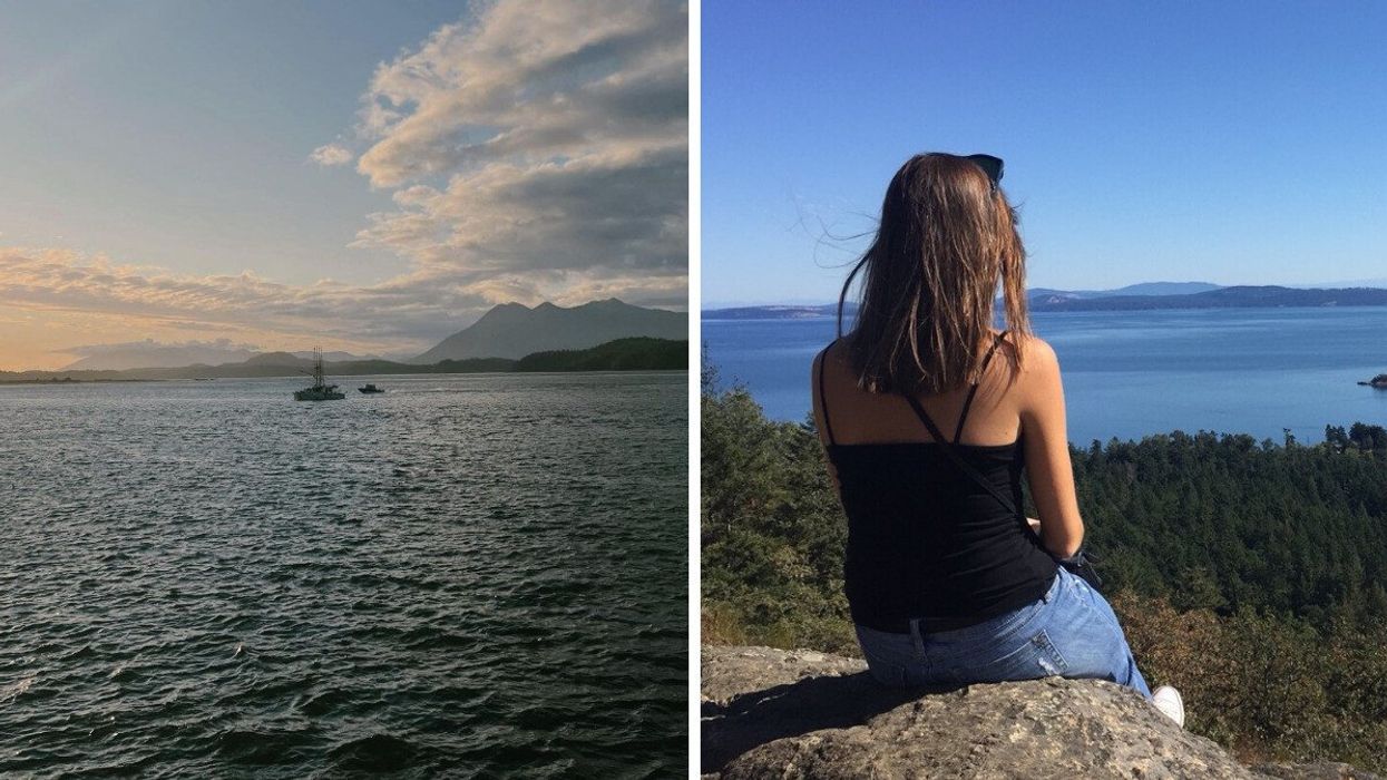 A boat on the ocean and the mountains in the distance. Right: Asymina sitting on a rock and looking out at the ocean and trees.