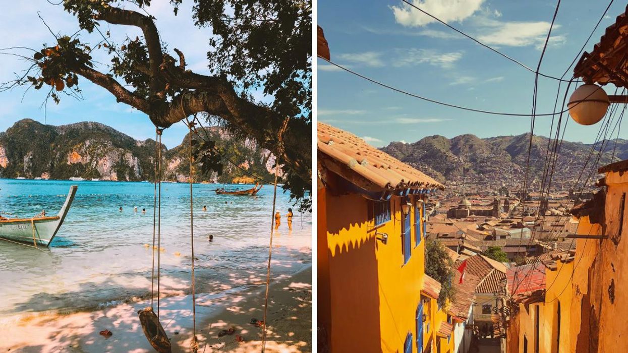 A boat on the shore in Thailand. Right: A street-view in Peru.