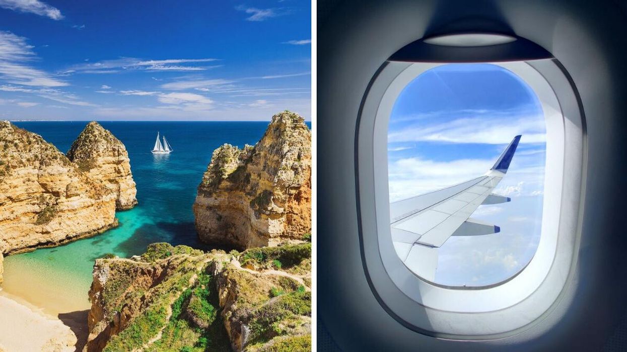 A boat on the water in Algarve, Portugal. Right: The wing of an airplane seen through the plane window.