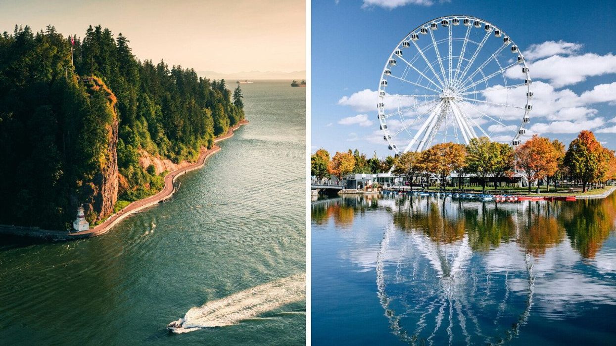 A boat sailing on the water near a cliff is seen in an aerial shot. Right: A ferris wheel in front of a body of water.