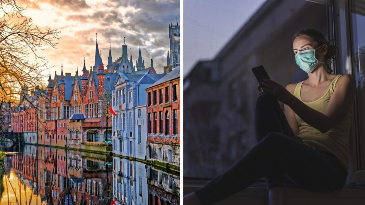 A body of water and its surrounding buildings in Belgium. Right: A woman in a yellow shirt wearing a mask and looking at her phone.