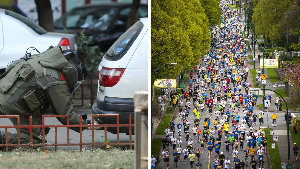 A bomb disposal expert. Right: Runners during a Vancouver marathon.