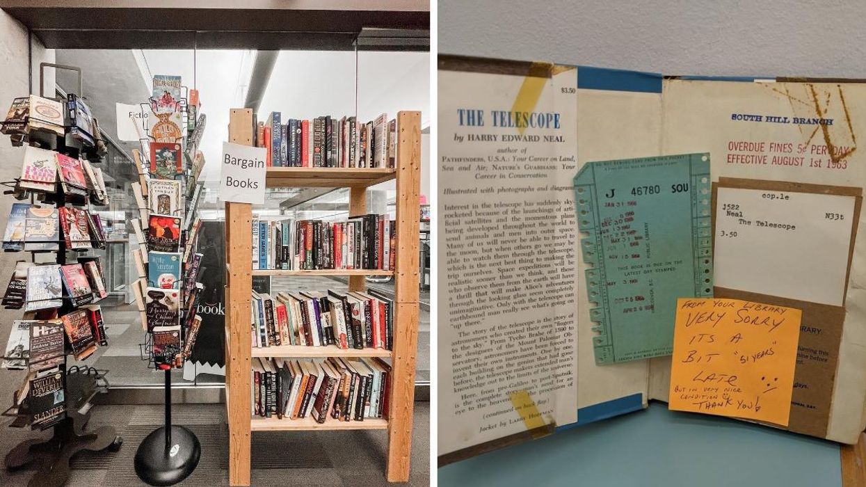 A book shelf. Right: A library book with a note.