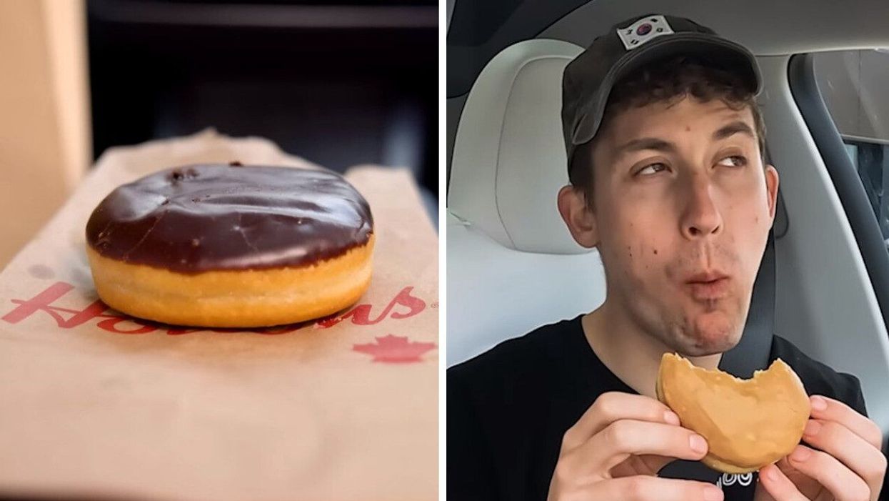 A Boston Cream Donut. Right: The YouTuber eating a donut.