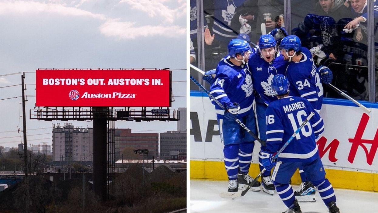 A Boston Pizza billboard. Right: Toronto Maple Leafs players celebrating