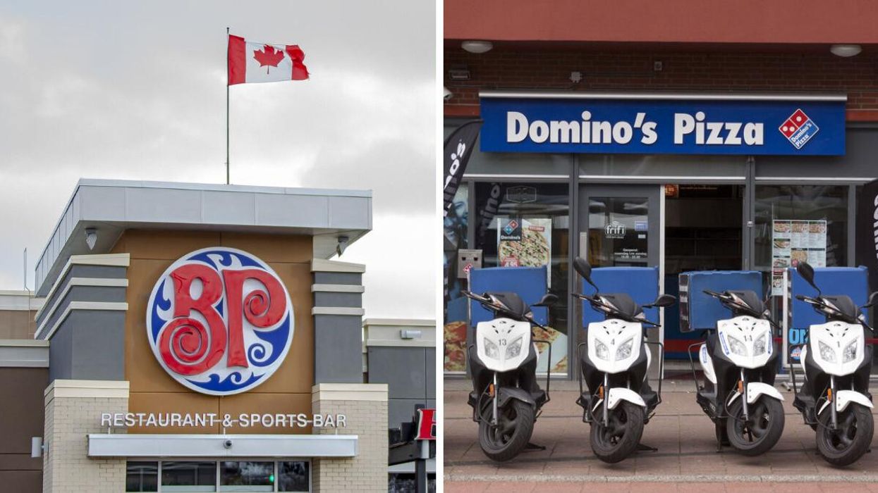 A Boston Pizza restaurant. Right: A Domino's Pizza restaurant.