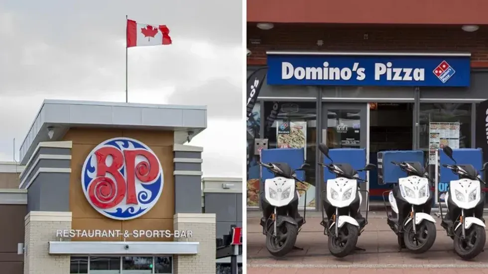 A Boston Pizza restaurant. Right: A Domino's Pizza restaurant.