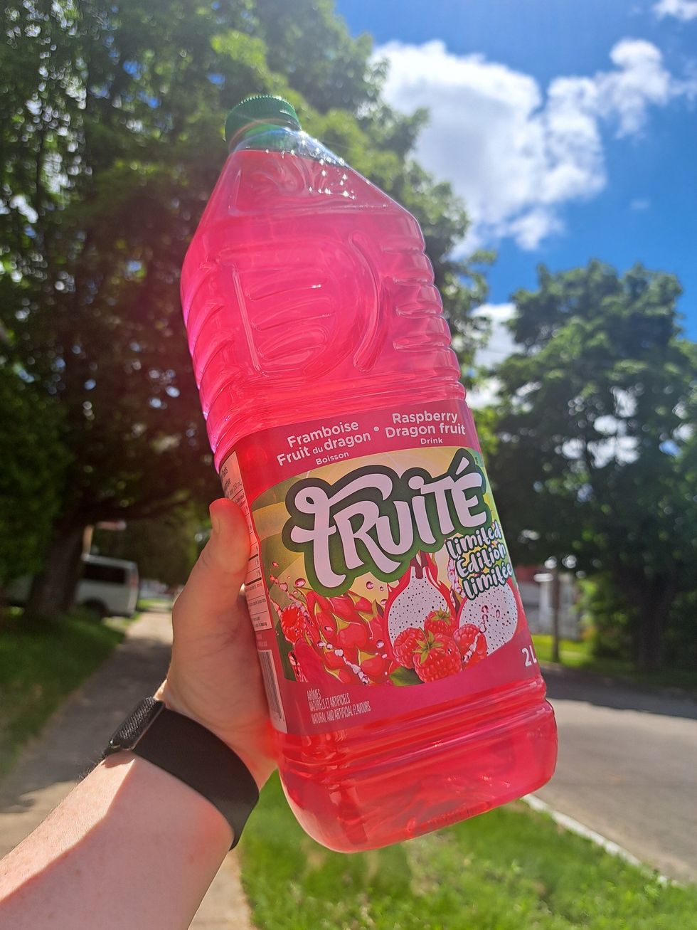 A bottle of Fruit\u00e9's limited-edition flavour, Raspberry Dragon Fruit.